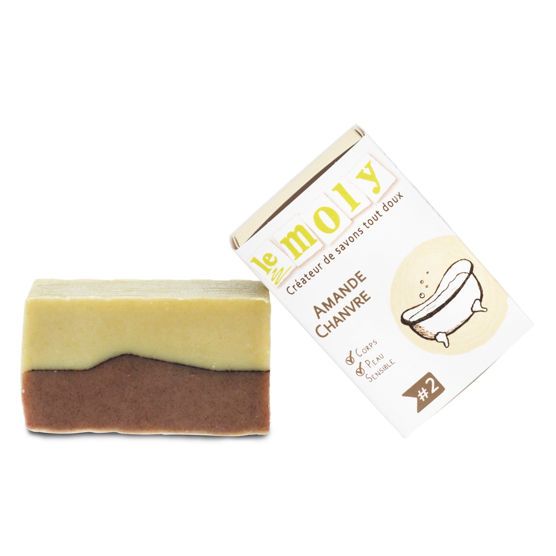 Savon à froid Amande Chanvre, surgras, 100% naturel, vegan, sans huile de palme. Ce savon solide est fabriqué à la main dans notre savonnerie artisanale à Pau dans le Sud-ouest de la France