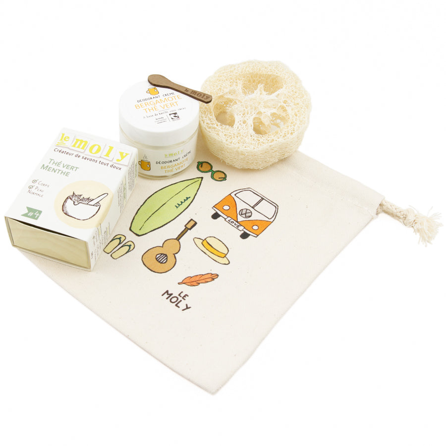 Coffret cadeau de cosmétiques bio et naturels, dessins Surf
