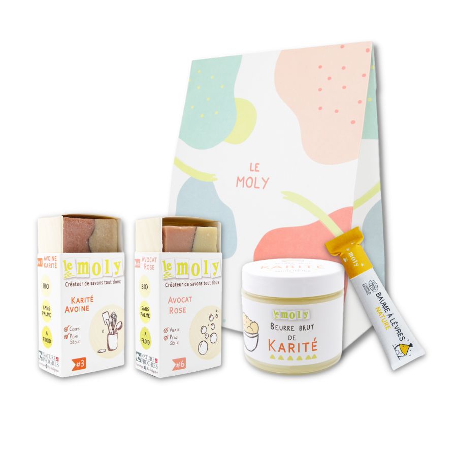 Routine beauté naturelle pour les peaux sèches à très sèches : savon saponifié à froid au karité, beurre de karité brut et baume à lèvres 100% naturels