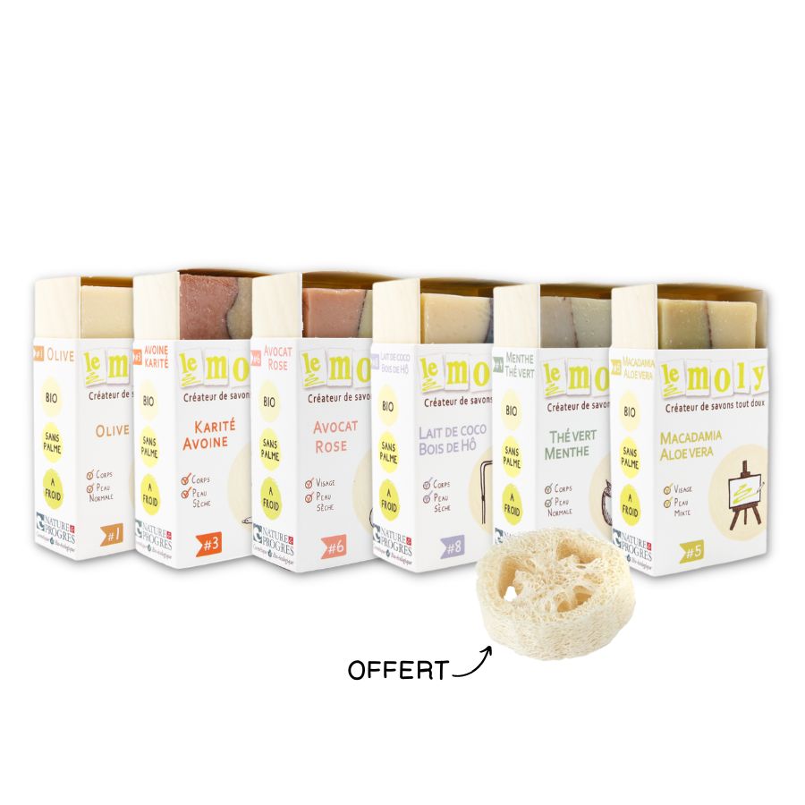 Pack 6 savons saponifiés à froid bio 100% naturels faits main à Pau dans le Sud-Ouest de la France avec un porte-savon en loofah offert