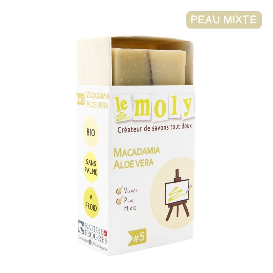 Savon saponifié à froid bio et naturel Macadamia Aloe vera sans huile essentielle Visage - peau mixte à grasse