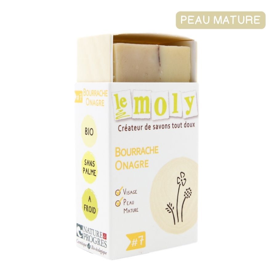 Savon saponifié à froid bio et naturel Onagre Bourrache sans huile essentielle Visage - peau mature