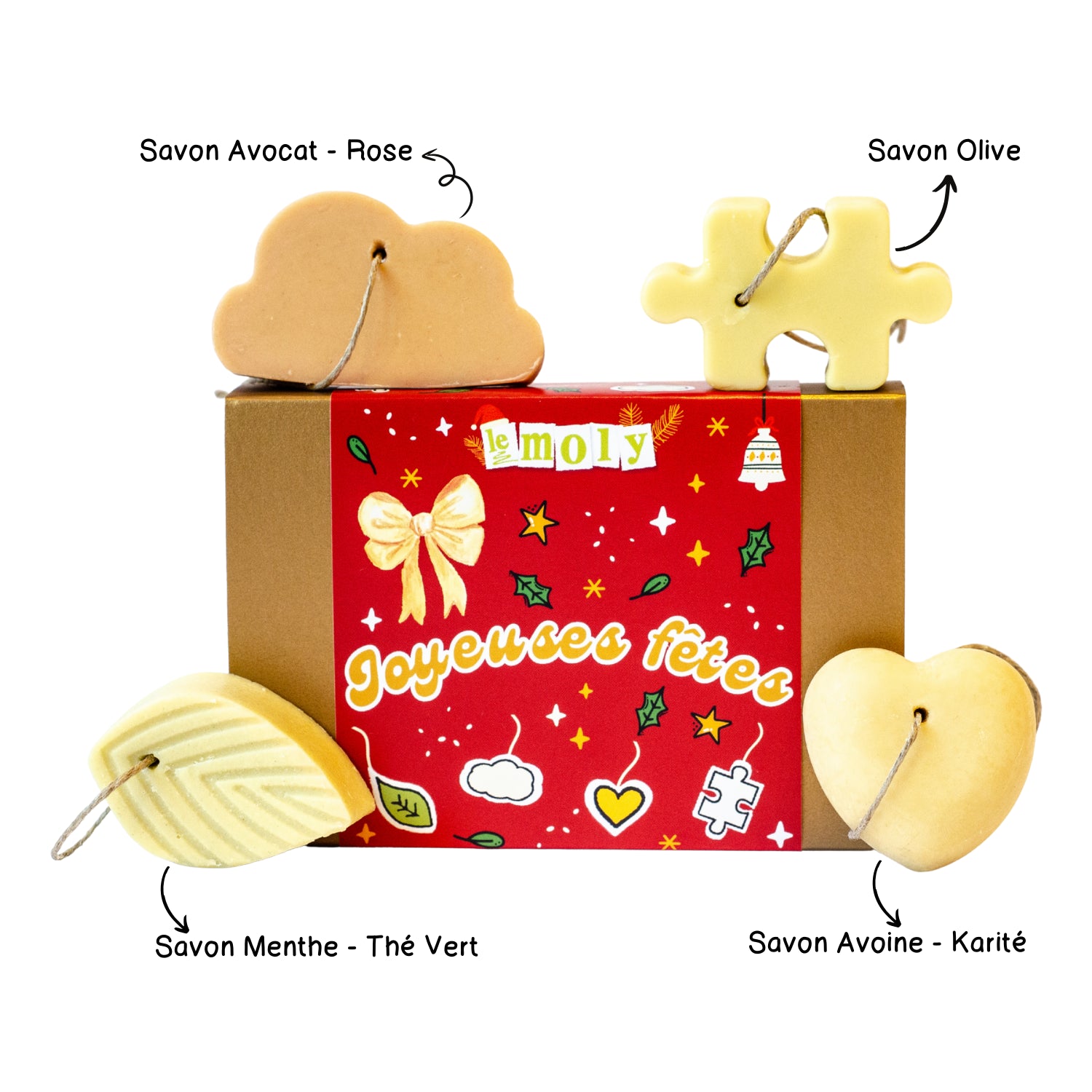 Coffret "Joyeuses fêtes" – 4 mini savons à suspendre